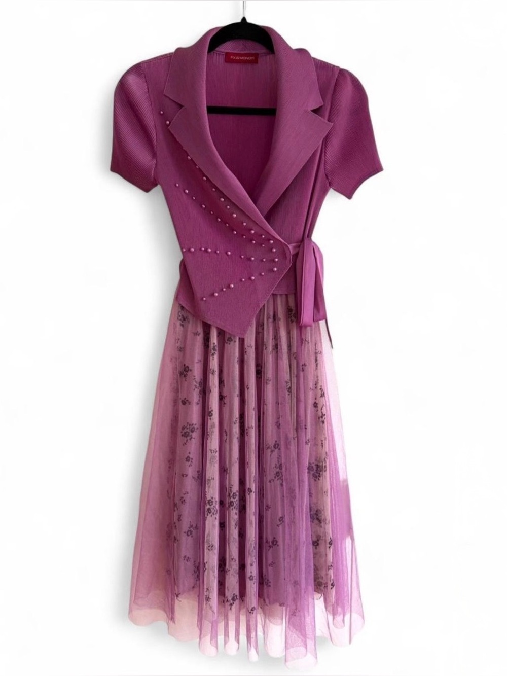 Wrap-Front Mauve Midi Dress with Tulle Skirt